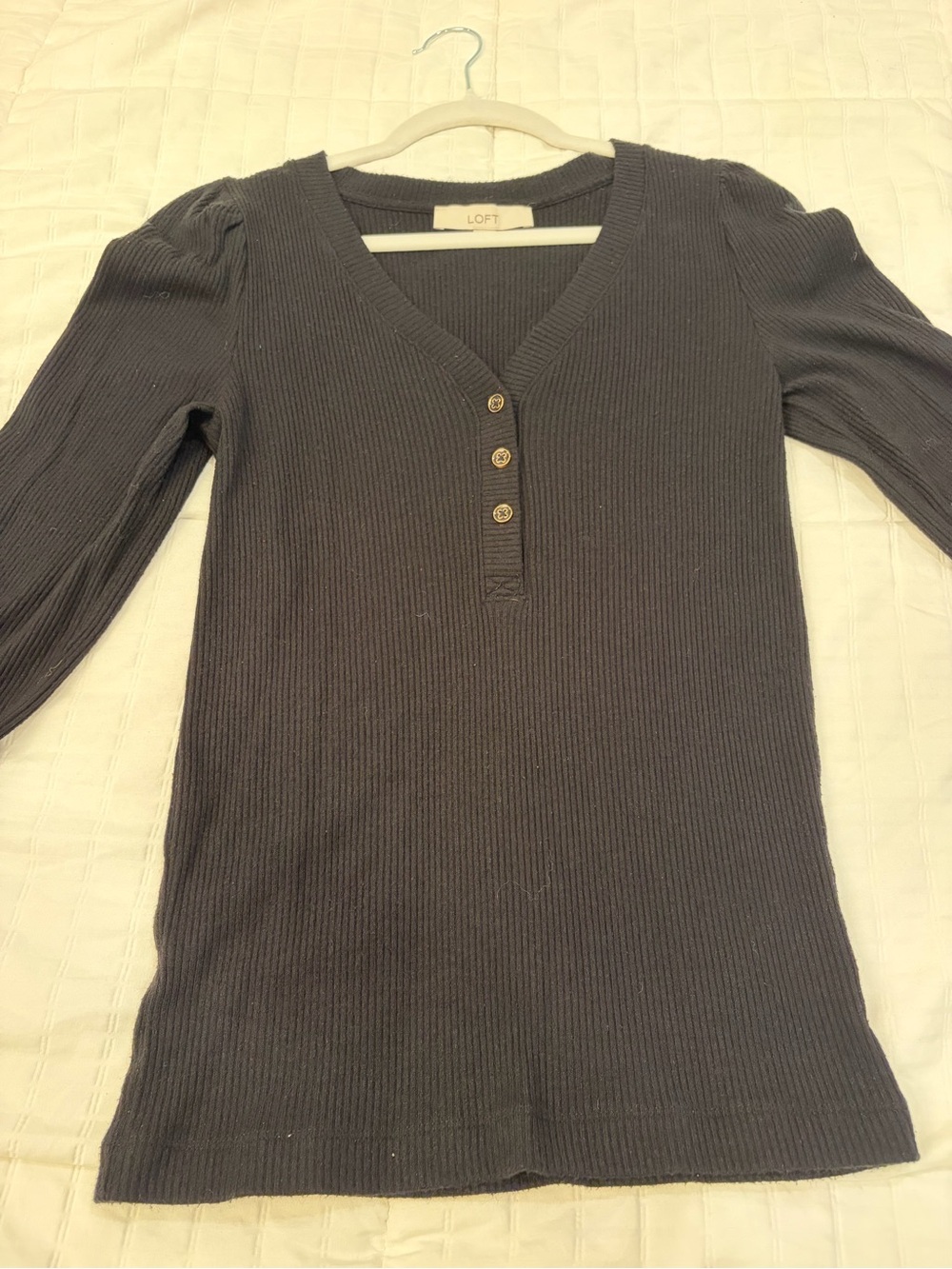 LOFT Dark Gray Ribbed V-Neck Henley Long Sleeve Top